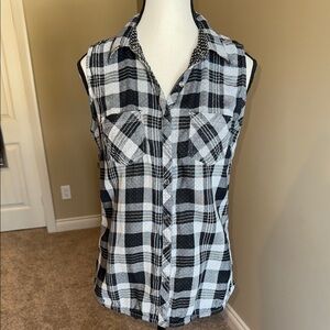 Denver Hayes Top Women Reversible Black White Plaid Polka Dot Sleeveless Blouse